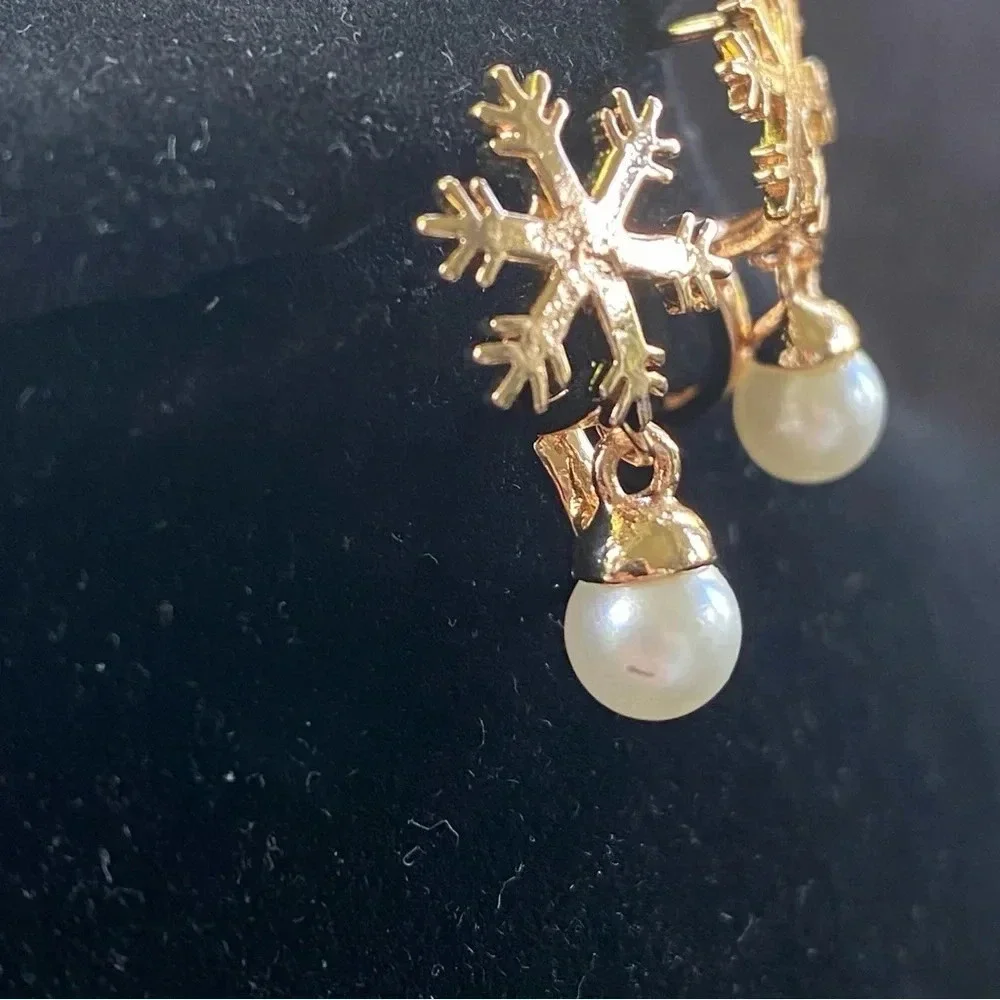 Gold Tone Snowflake Huggie Earrings with Faux Pearl Drops